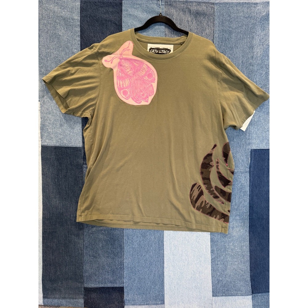 CRTV LTRCY Upcycled Moth Block Print Patchwork T-Shirt XL Olive Pink Camo